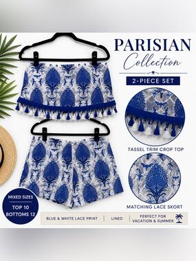 Parisian Works Blue & White Tassel Trim Skort Set